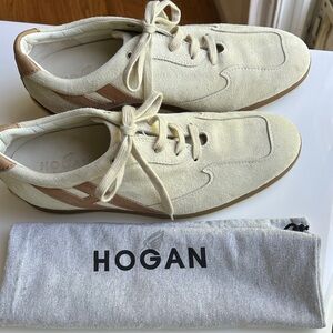 Hogan Womens Cream Suede Sneakers with Tan Accents